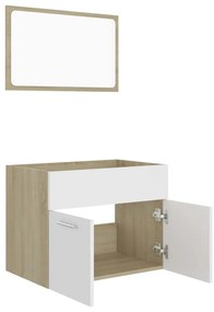 Set mobilier baie, 2 piese, alb si stejar Sonoma, PAL alb si stejar sonoma, Dulap pentru chiuveta + oglinda, 1