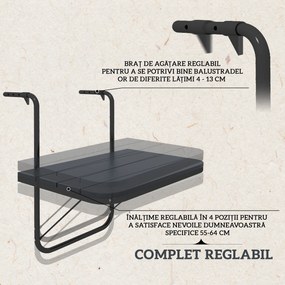 Outsunny Măsuță Pliabilă și Reglabilă pentru Balcon, Masă Suspendată pentru Balustradă, din Aluminiu și Plastic cu Efect de Lemn, Suport pentru Plante sau Gustări, Negru | Aosom Romania