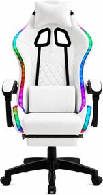 Scaun gaming, sistem iluminare bandă LED RGB, masaj în perna lombară, suport picioare, Alb