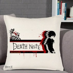 Perna Personalizata Death Note L Lawliet Rosu-Negru, 40x40 cm, Crem Reliefat, Husa Detasabila, Perna Inclusa, BEKZ®