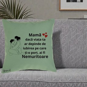 Cadou pentru Mama - Perna Personalizata Mama Nemuritoare Kawaii, 40x40 cm, Verde, Husa Detasabila, Perna Inclusa, BEKZ®
