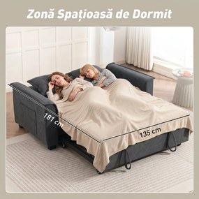 HOMCOM 3 în 1 Canapea Extensibilă 2 Locuri cu Spătar Reglabil în 3 Poziții și 2 Perne Chenille, Gri Închis | Aosom Romania