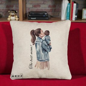 Cadou pentru Mama - Perna Personalizata The Best Mom Jachete, 40x40 cm, Bej Canapea, Husa Detasabila, Perna Inclusa, BEKZ®