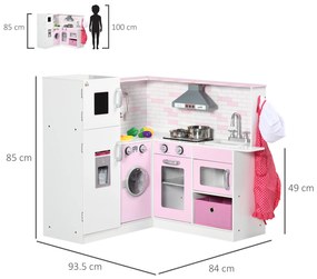 Bucatarie de jucarie pentru copii 3-6 ani cu lumini realiste si ustensile de bucatarie, MDF si PP, 84x93,5x85cm alb si roz HOMCOM | Aosom RO