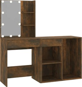 vidaXL Măsuță de toaletă cu LED și dulap stejar fumuriu lemn prelucrat