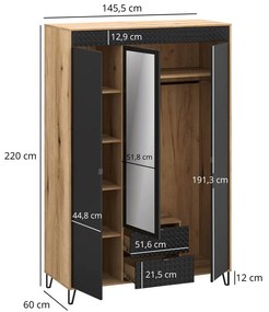 Dulap de haine Botones 2 (stejar evoke + negru) (cu oglindă). 1116775