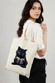 Sacosa de Panza pentru Cumparaturi, Geanta Tote, model Reading cat 9 38 x 34.5 cm, Alba, BEKZ®
