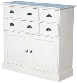 Comoda alba, din lemn de pin, cu 6 sertare si 2 usi, aspect vintage, Country