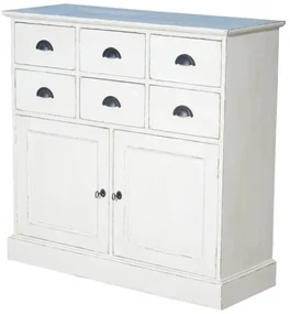Comoda alba, din lemn de pin, cu 6 sertare si 2 usi, aspect vintage, Country