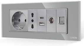 Priza Schuko + Ingusta + Dubla USB + TV + Internet cu Rama Din Sticla LUXION, Standard Italian, 6M