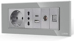 Priza Schuko + Ingusta + Dubla USB + TV + Internet cu Rama Din Sticla LUXION, Standard Italian, 6M