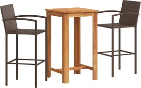 vidaXL Set bar de grădină, 3 piese, maro, lemn masiv acacia/ poliratan