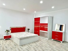 Dormitor Palermo, culoare alb / rosu, cu pat tapitat 160 x 200 cm, dulap cu 2 usi, comoda cu oglinda, 2 noptiere
