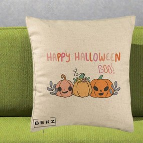 Perna Decorativa Happy Halloween Boo Trei Dovlecei Kawaii, 40x40 cm, Bej, Husa Detasabila, Perna Inclusa, BEKZ®