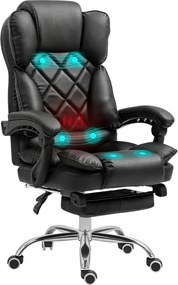 Scaun directorial, cu Masaj și Încălzire, suport picioare, funcție sezlong, piele ecologică, Negru