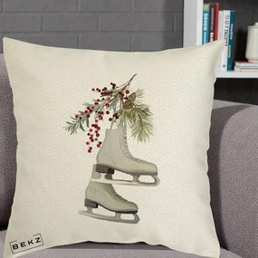 Perna Decorativa Patine cu Ramuri de Brad si Afine, 40x40 cm, Ecru, Husa Detasabila, Perna Inclusa, BEKZ®