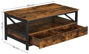 Masuta de cafea cu 2 sertare si raft, 100 x 55 x 47 cm, PAL melaminat / metal, maro, Vasagle