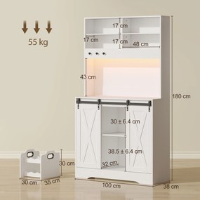 HOMCOM Servantă de Bucătărie Rustică 180 cm, Dulap cu Priză de Alimentare, Lumini LED, Suport pentru Sticle, Suprafață pentru Cuptor cu Microunde, Rafturi Deschise, Uși Glisante, Orificiu pentru Cabluri, Alb | Aosom Romania