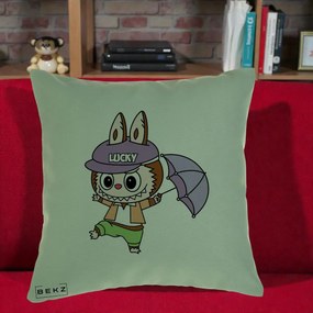 Perna Personalizata Labubu Lucky cu Umbrela, 40x40 cm, Verde, Husa Detasabila, Perna Inclusa, BEKZ®