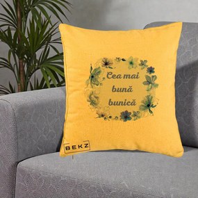 Cadou pentru Bunica - Perna Personalizata Cea Mai Buna Bunica Coronita Flori Albastre Acuarela, 40x40 cm, Galben, Husa Detasabila, Perna Inclusa, BEKZ®