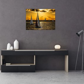 Tablou pe sticlă cu iaht în apus de soare (70x50 cm)