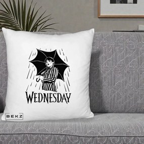 Perna Personalizata Wednesday cu Umbrela Ploaie Lineart, 40x40 cm, Alb Pufos, Husa Detasabila, Perna Inclusa, BEKZ®