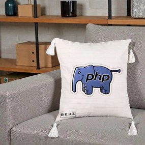 Perna Personalizata PHP Elephant, 40x40 cm, Bej cu Franjuri, Husa Detasabila, Perna Inclusa, BEKZ®
