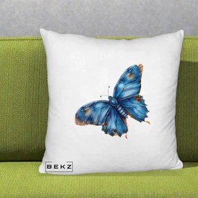 Perna Decorativa Fluture Albastru Satin cu Pete Aurii, 40x40 cm, Alb Pufos, Husa Detasabila, Perna Inclusa, BEKZ®