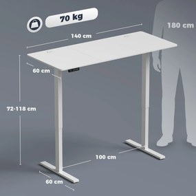 HOMCOM Birou Reglabil pe Înălțime cu 3 Memorii, Display LED, Cârlige, Plăci Aglomerate din Lemn, 140x60x72-118 cm, Alb | Aosom Romania
