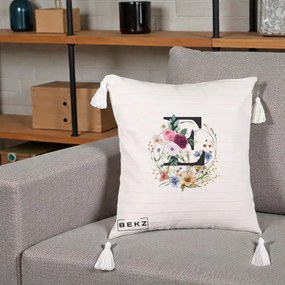 Cadou Personalizat - Perna Personalizata Monogram Litera E cu Flori Acuarela, 40x40 cm, Bej cu Franjuri, Husa Detasabila, Perna Inclusa, BEKZ®