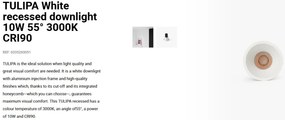 Spot LED incastrabil TULIPA White recessed downlight 10W 55° 3000K CRI90