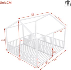 Pat dublu pentru copii 90x200 cm, formă de casă, cu barieră de siguranță, fără saltea, Alb