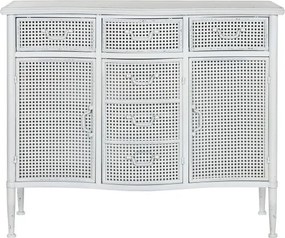 Bufet vintage din metal, alb, cu 3 uși și 3 sertare din tablă perforată, stil industrial, 85 x 101 x 42 cm, „Merej”