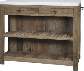 Insulă de bucătărie din lemn reciclat, natur, cu blat din marmură albă, 2 sertare și 2 rafturi, 97 x 120 x 60 cm, „Grimaud”
