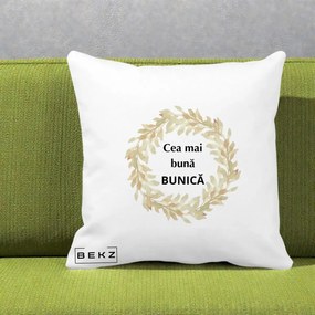Cadou pentru Bunica - Perna Personalizata Cea Mai Buna Bunica Coronita Frunze Acuarela, 40x40 cm, Alba Mata, Husa Detasabila, Perna Inclusa, BEKZ®