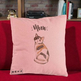 Perna Personalizata Pisica Meow Acuarela, 40x40 cm, Roz, Husa Detasabila, Perna Inclusa, BEKZ®