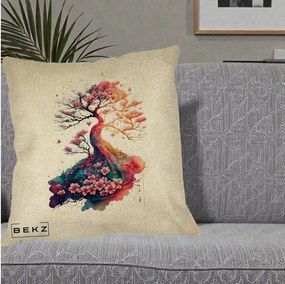 Perna Decorativa Copac Sakura Acuarela Fantasy, 40x40 cm, Crem, Husa Detasabila, Perna Inclusa, BEKZ®