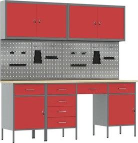 vidaXL Dulap de lucru cu sertar 10 pcs Roșu Lemn ingineresc și oțel