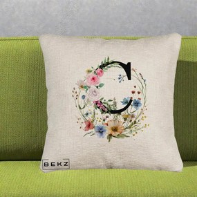 Cadou Personalizat - Perna Personalizata Monogram Litera C cu Flori Acuarela, 40x40 cm, Bej Canapea, Husa Detasabila, Perna Inclusa, BEKZ®