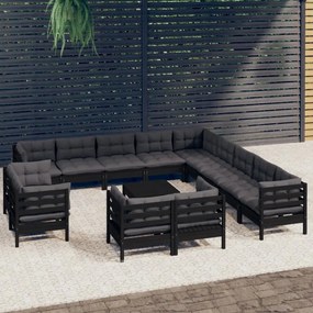 3096969 vidaXL Set mobilier grădină cu perne, 14 piese, negru, lemn masiv pin
