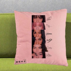 Perna Personalizata K-pop KATSEYE Semnaturi fara Foto, 40x40 cm, Roz, Husa Detasabila, Perna Inclusa, BEKZ®