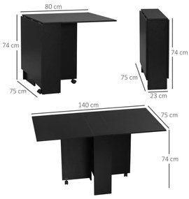 HOMCOM Masă Pliantă din Lemn cu Roți, pentru 4-6 Persoane, 75x140x75 cm, Negru | Aosom Romania