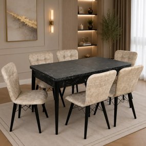 Set masa extensibila cu 6 scaune tapitate Homs cristal negru-bej 170 x 80 cm