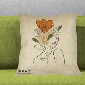 Perna Decorativa Portret Feminin Floare Portocalie, 40x40 cm, Crem, Husa Detasabila, Perna Inclusa, BEKZ®