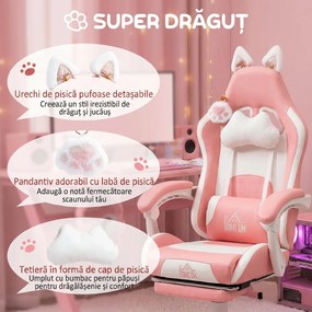 HOMCOM Scaun de Gaming Ergonomic cu Urechi de Pisică, Suport pentru Picioare și Suport Lombar, 65x62x116-124 cm, Roz | Aosom Romania