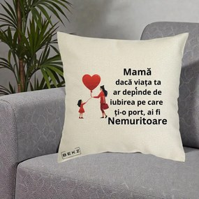 Cadou pentru Mama - Perna Personalizata Mama Nemuritoare cu Bebelus Kawaii, 40x40 cm, Ecru, Husa Detasabila, Perna Inclusa, BEKZ®