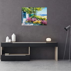 Tablou pe sticlă - Grădina din fața casei, pictură în ulei (70x50 cm)