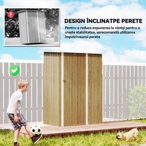 Outsunny Căsuță pentru Grădină 1.07m² din Oțel Galvanizat, Căsuță pentru Unelte cu Ușă Blocabilă, Acoperiș Înclinat, 142x86x189 cm, Imitatie Lemn | Aosom Romania