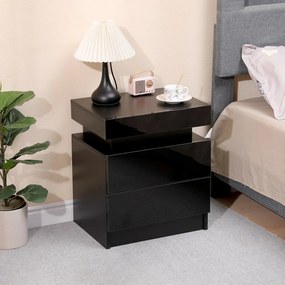 Noptieră cu 2 sertare, iluminare LED, Negru, 45x35x52 cm