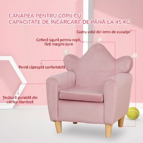 HOMCOM Fotoliu pentru Copii din Material Textil cu Efect de Catifea Roz, cu Spătar în Formă de Coroană, 50.2x41.9x57.8 cm | Aosom Romania